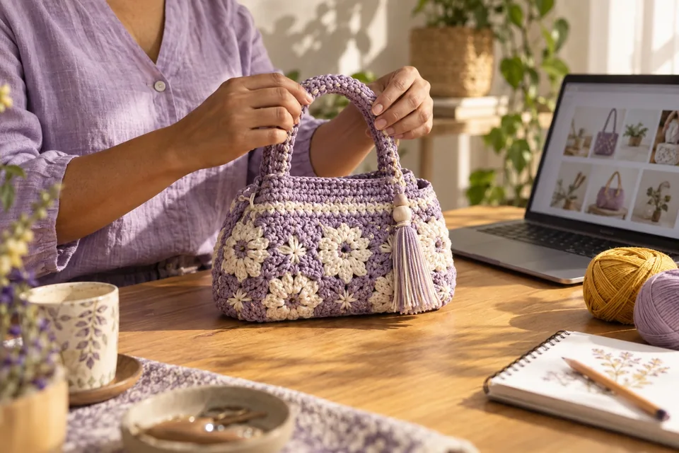 Escena ilustrativa: una artesana trabaja en un bolso tejido junto a su catálogo digital