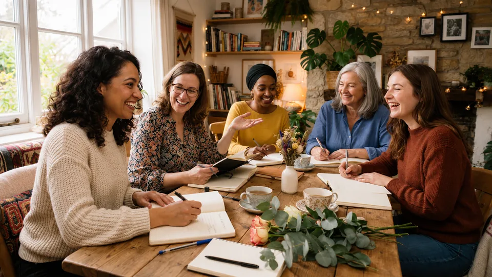Escena ilustrativa de mujeres compartiendo ideas alrededor de una mesa
